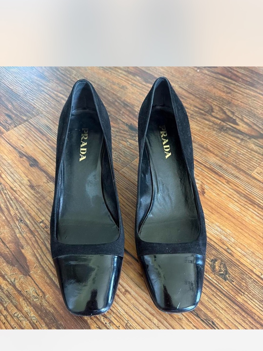 Prada Black Leather and Suede Square-Toe Pumps